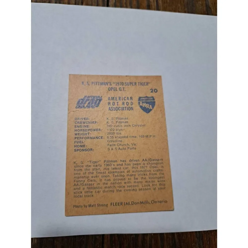 Vintage 1971 KS Pittman Super Tiger Opel GT #20 Fleer AHRA Race Car Trading Card